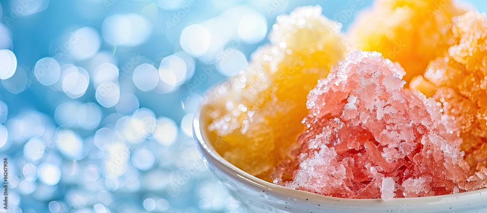 Poster close-up photo of hawaiian shaved ice, also known as shave ice or snow cone, featuring a blank space