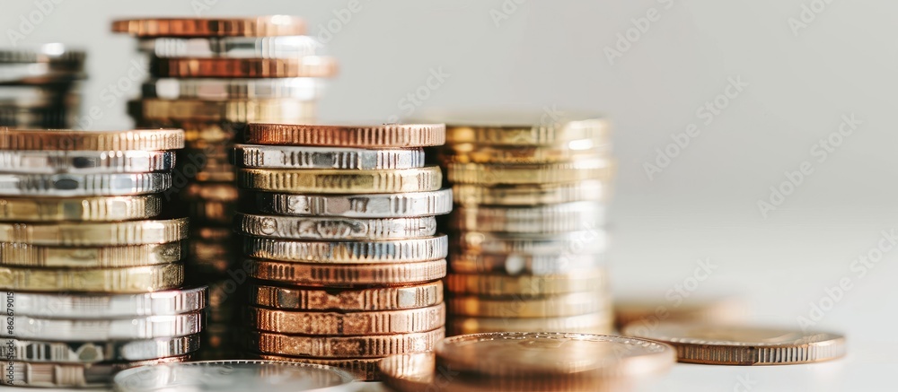Poster close-up of coin stacks on a white background symbolizing money management, budgeting, savings, and 