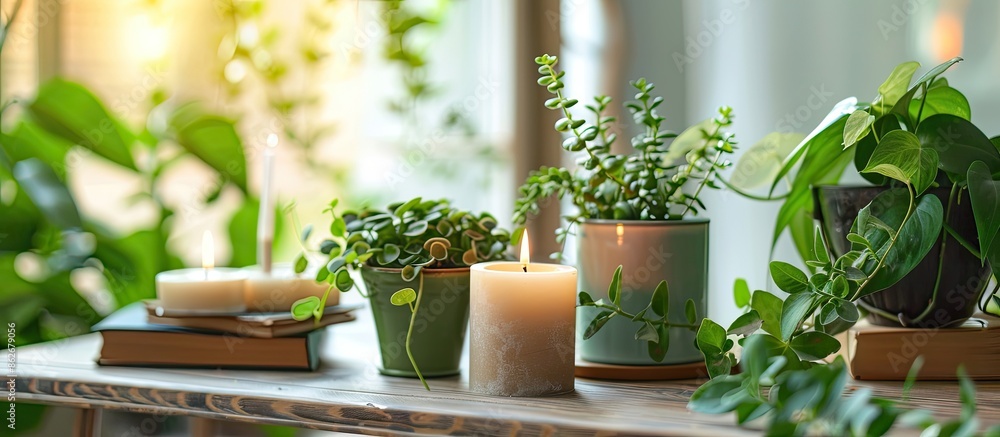 Poster table adorned with green houseplants, aromatic candles, and books on it with a light background for 