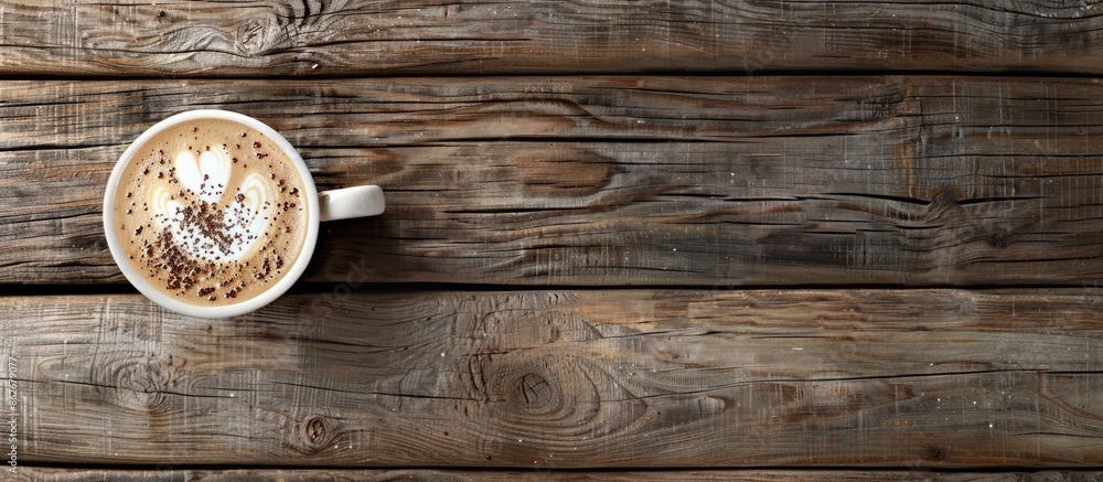 Aufkleber Top-down view of a warm cappuccino in a cup on a wooden table with ample copy space image available.