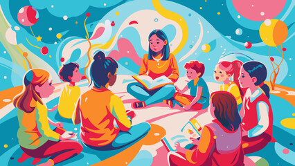 Colorful Children's Book Reading Session with Engaged Kids and Storyteller