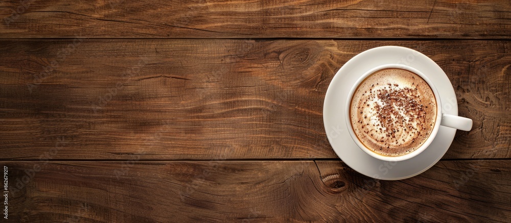 Poster Top-down view of a warm cappuccino in a cup on a wooden table with ample copy space image available.