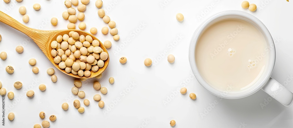 Aufkleber Soy milk in a spoon with soybean, isolated on white background, allowing for text with copy space image.