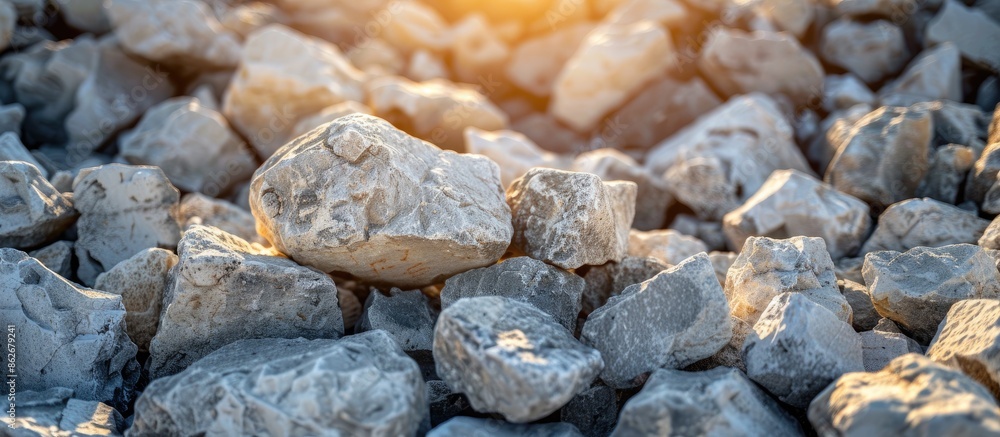 Poster a pile of limestone stones under sunlight with a copy space image.