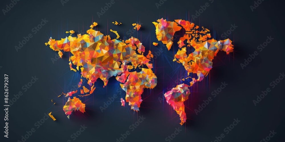 Poster polygonal world map on a dark background. the various bright world map made from polygon material. g