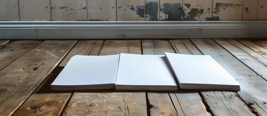 An arrangement of three blank magazine pages lies on a wooden floor, suitable for business ads, posters, sketches, or mockup presentations with copy space image potential.