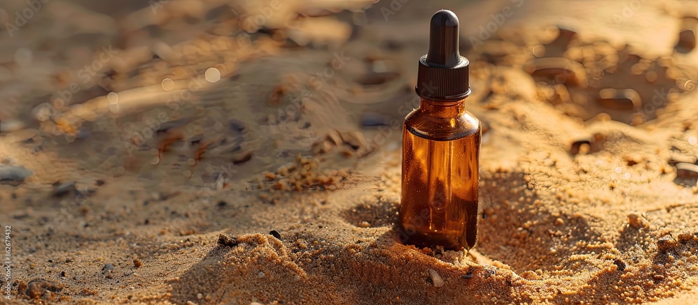 Poster Displaying a dropper bottle on sandy ground with copy space image for text. Suitable for alternative medicine presentations as a mock-up.