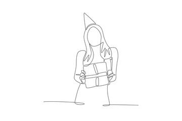 Woman with birthday present. Birthday concept one-line drawing