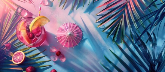 Bird's eye view of a vibrant pink summer beverage adorned with exotic fruits, an umbrella, and a straw, set against a backdrop of palm tree leaves. Room for additional content in the image.