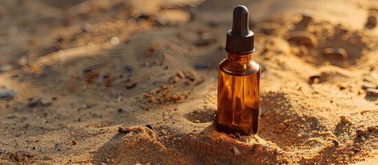 Displaying a dropper bottle on sandy ground with copy space image for text. Suitable for alternative medicine presentations as a mock-up.