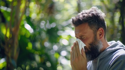 The man sneezing outdoors