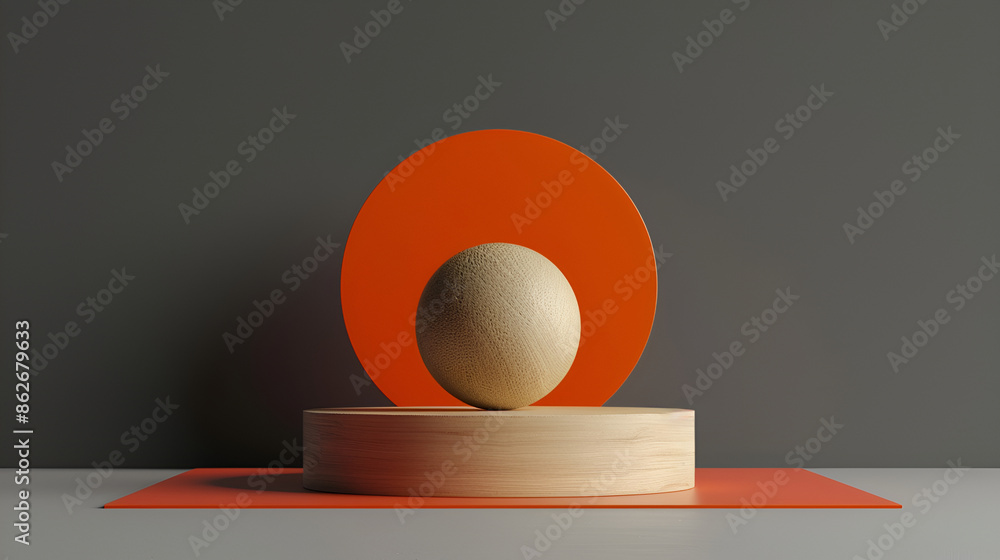 Poster round marble podium or pedestal with geometrical shapes on beige background. template for product pl