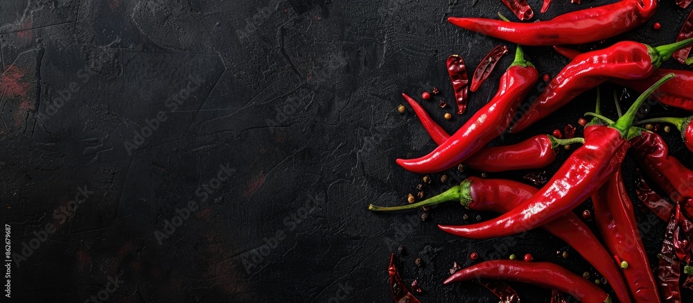 Fototapete Top-down view of chili peppers against a black background with room for text or other images. Copy space image. Place for adding text and design