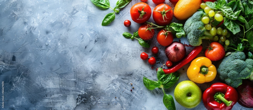 Poster background of fresh vegetables and fruits with copy space image.