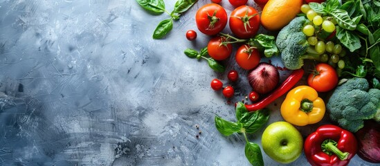 Background of fresh vegetables and fruits with copy space image.