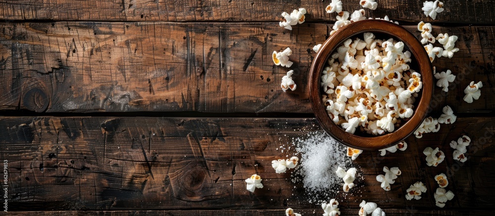 Poster popcorn sprinkled with salt on a rustic wooden table with copy space image.