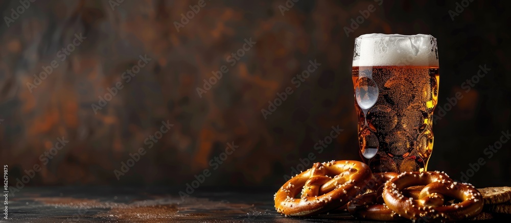 Poster a wheat beer in a glass paired with a classic snack, a salty pretzel, with a blank background for ad