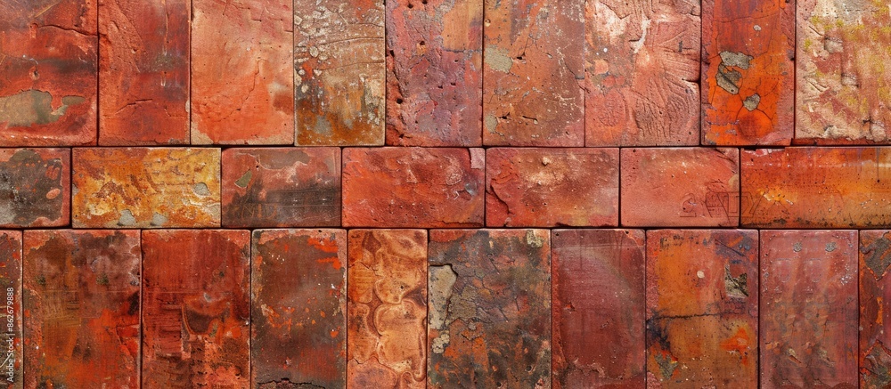 Fototapete A stunning horizontal pattern of orange or red brick wall serves as a beautiful backdrop with a close-up of a red stone block in a home setting, creating an ideal copy space image.