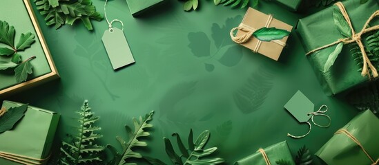 Green Friday background mockup with sale tag on a green background surrounded by paper shopping boxes and a green tag, promoting eco-friendly shopping with reduced consumption - all set against a