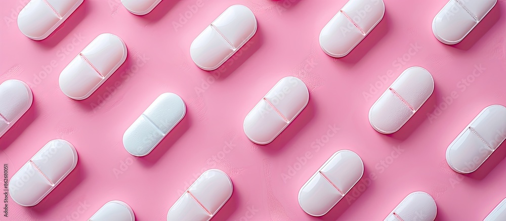 Poster White pills packaged in blister packs contrast against a pink backdrop, creating a visually appealing composition with room for text or other elements (copy space image).