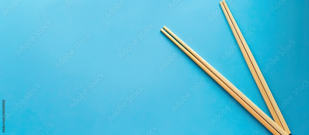Poster green wooden chopsticks on a blue background in a top-down view with copy space image.