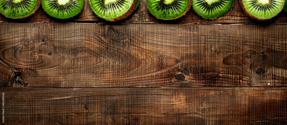 Poster Kiwi fruit slices displayed on a wooden surface with ample copy space in the image.