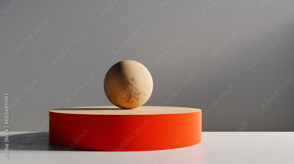 Poster round marble podium or pedestal with geometrical shapes on beige background. template for product pl