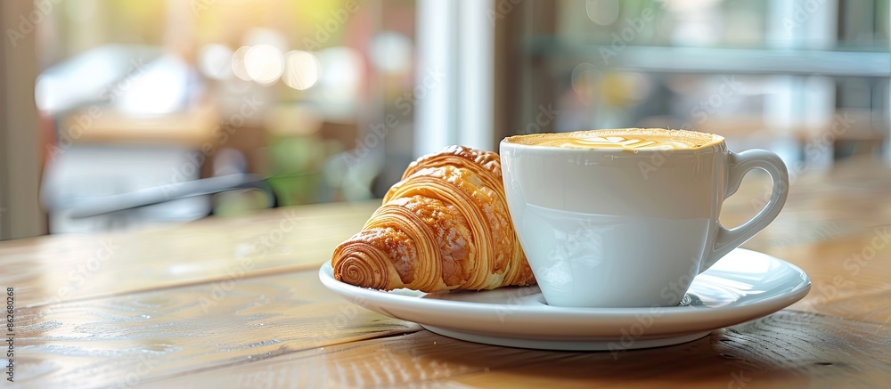Poster Breakfast consisting of coffee and a croissant, captured with a shallow depth of field in a copy space image.