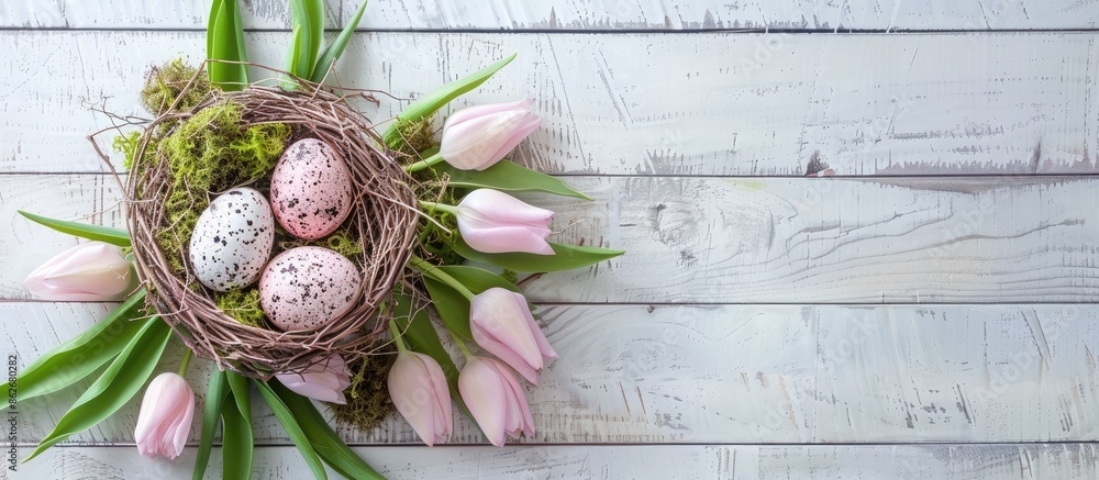 Poster Easter-themed greeting card with eggs in a nest, tulip bouquet, and moss on a rustic white wooden backdrop. Top view flat lay with space for text or image. Copy space image