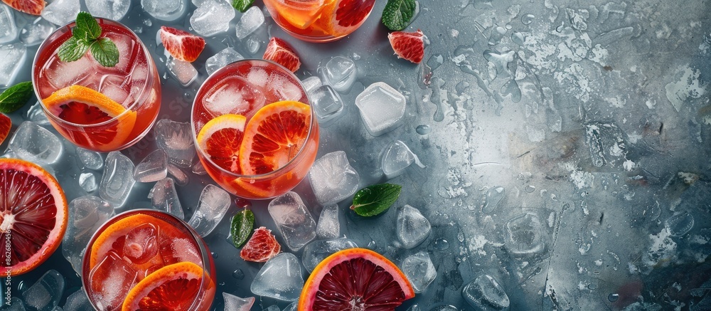 Aufkleber An overhead flat lay image of Negroni cocktails featuring blood oranges, with space for text. Copy space image. Place for adding text and design
