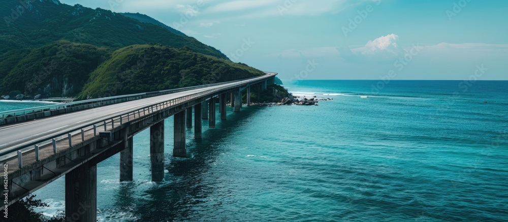 Poster a lengthy bridge stretching across the ocean with a breathtaking view and ample copy space image.