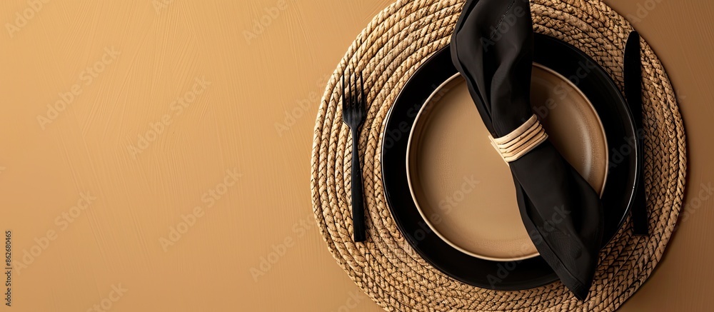Aufkleber Close-up of an elegant table setting with a black napkin against a beige background, with a copy space image.