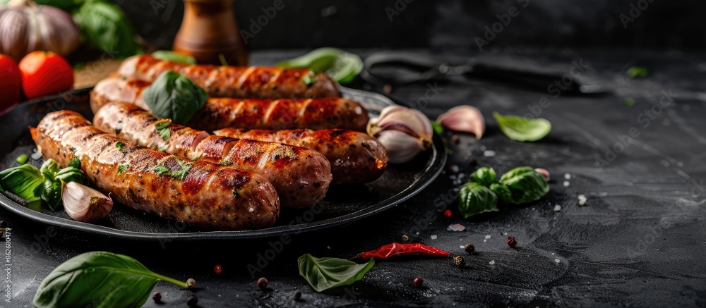 Aufkleber Beef sausages fried with basil, garlic, and onion on a dark backdrop with a side view and ample copy space image.