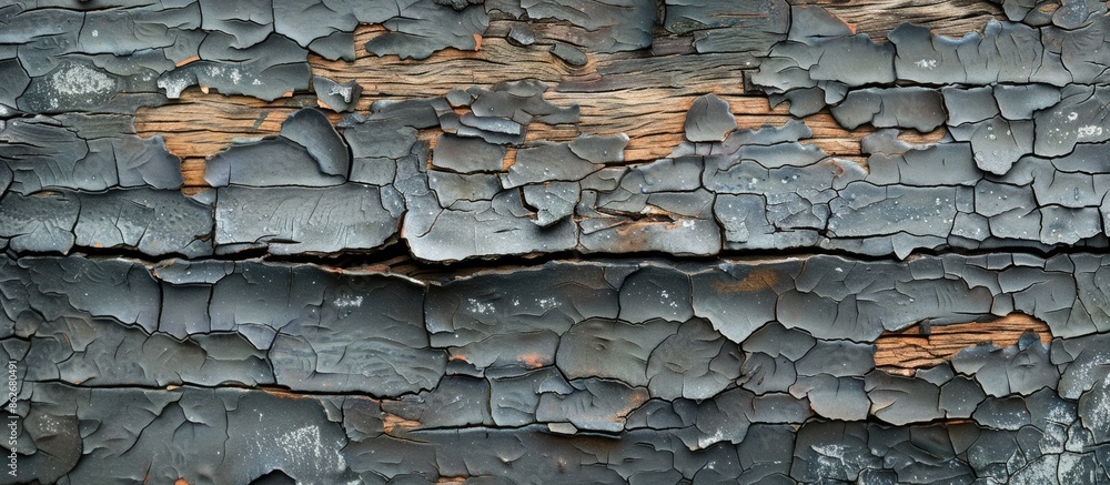 Poster soft-focus close-up of weathered wood texture with peeling burnt paint showcasing a copy space image