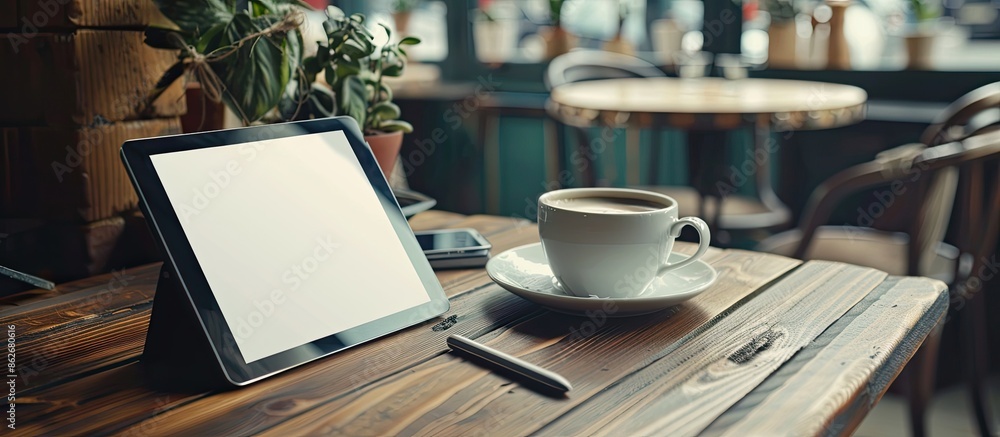 Poster a table setting showcasing a touch tablet and digital pen with a blank 'copy space image' displayed.