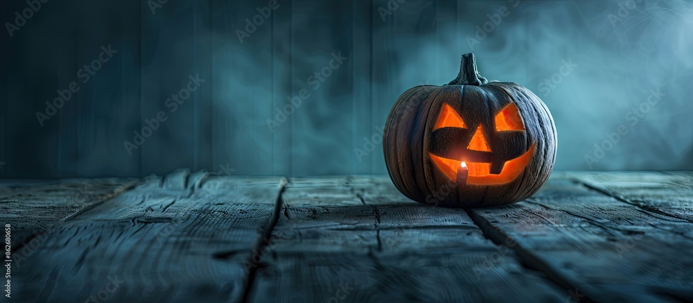 Poster spooky luminous pumpkin on rustic wood table against dark backdrop, ideal for halloween theme with c