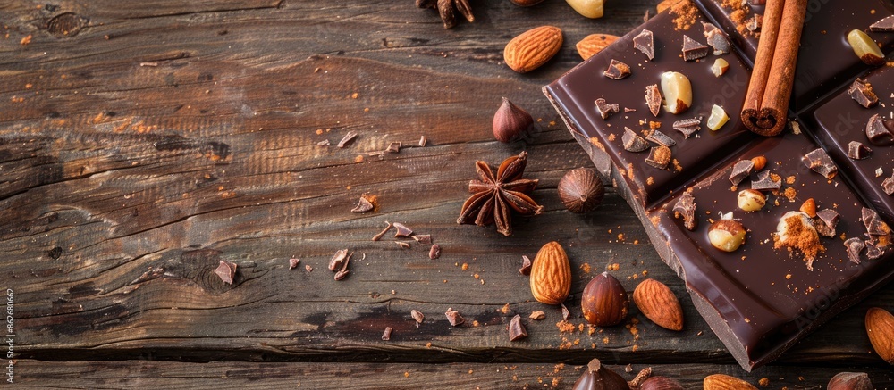 Fototapete Dark chocolate bar with almonds, hazelnuts, and a cinnamon stick on a wooden background with space for text or other images. Copy space image. Place for adding text and design