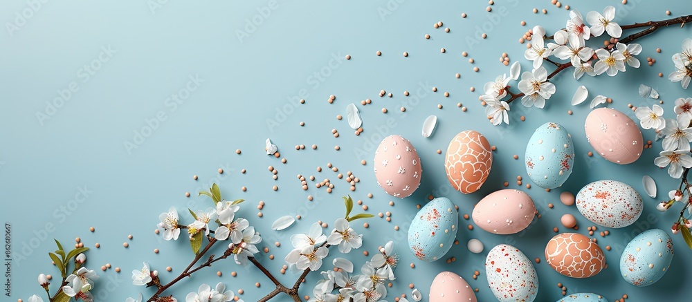 Aufkleber minimal easter concept featuring a composition of easter eggs and flower blossoms on a blue backgrou