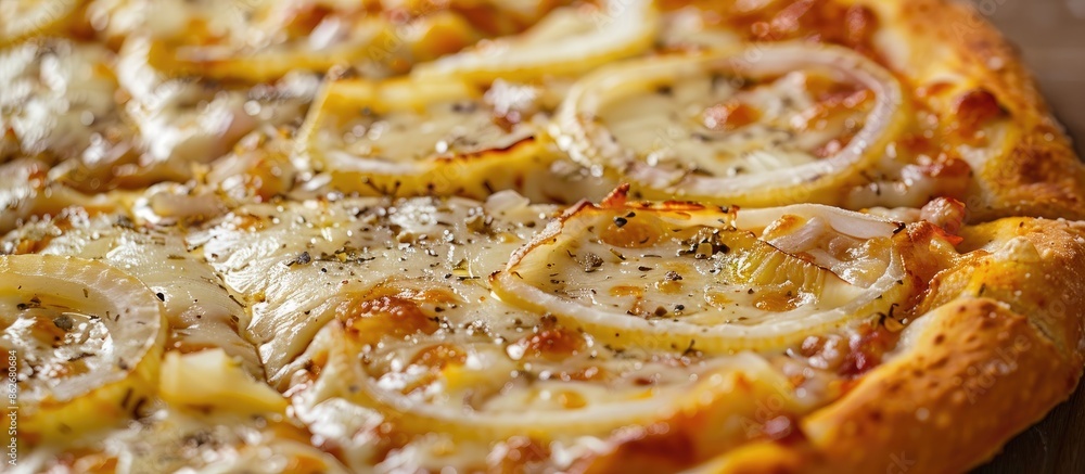 Poster delectable pizza topped generously with kasseri cheese and onion slices, showcased in a copy space i
