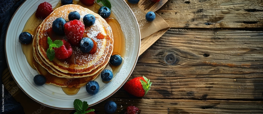Poster top view of a delicious dessert menu concept featuring thin pancakes. the image provides ample copy 