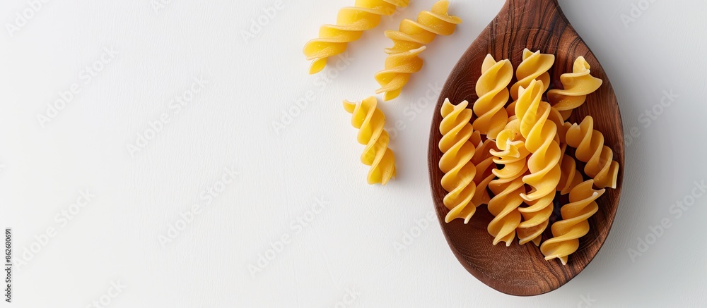 Poster Uncooked pasta displayed on a wooden spoon against a white backdrop with an empty space for images. Copy space image. Place for adding text and design