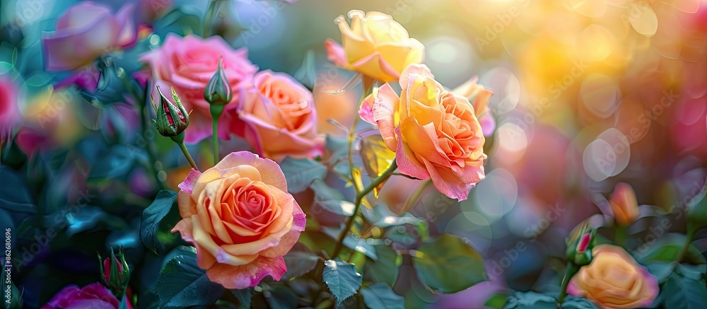 Poster colorful roses displayed in a vibrant garden with copy space image.