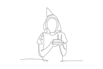 Birthday woman with cake. Birthday concept one-line drawing
