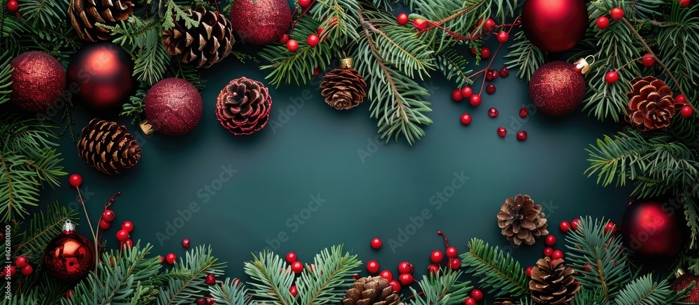 Poster Festive Christmas backdrop adorned with fir branches, red ornaments, and decorations, ideal for adding text or elements with copy space image.