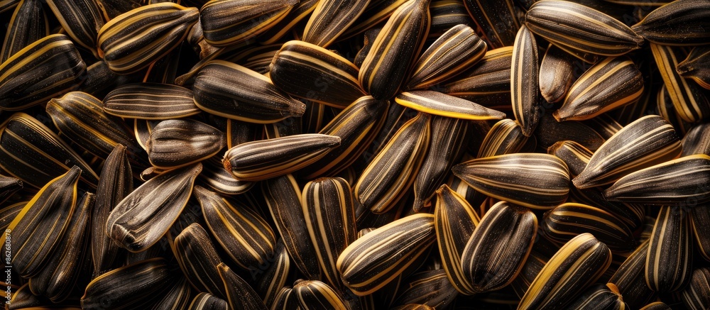 Poster a high-resolution image featuring a detailed close-up of sunflower seeds, with ample empty space for