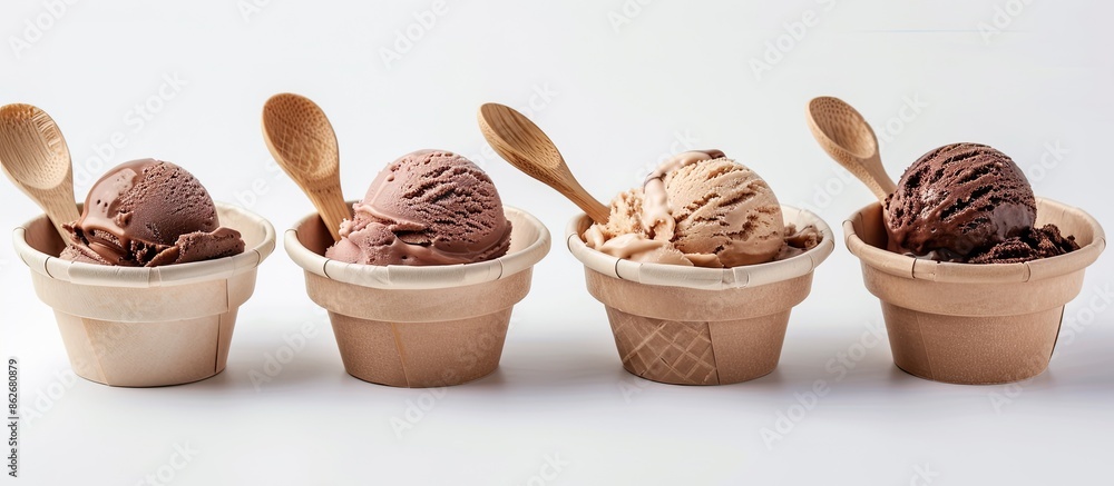 Poster chocolate ice cream in paper bowls with waffle cones and wooden spoons on a white background, presen