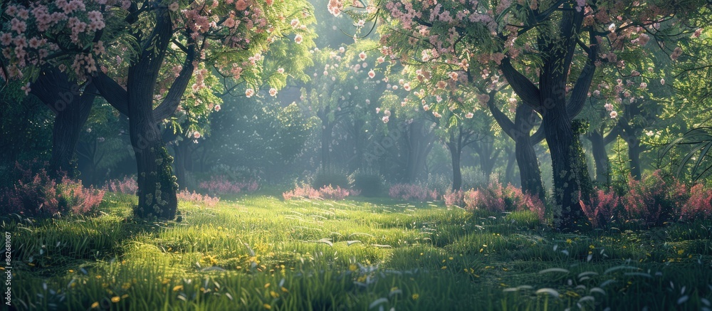 Poster forest setting with flowering trees creating a serene backdrop in a copy space image.