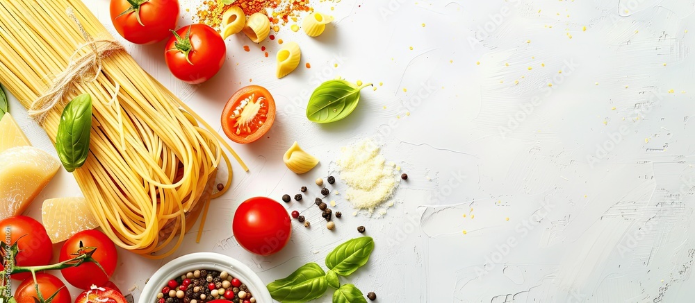Poster Top view of pasta spaghetti ingredients on white background with copy space image available for text, featuring selective focus.