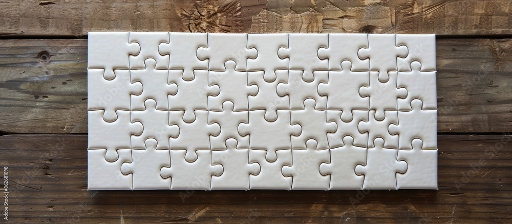 Poster A wooden surface showcasing a set of blank white puzzle pieces arranged neatly in a flat lay style with ample room for adding text, creating a copy space image.