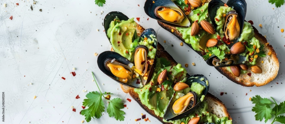 Poster mussels and avocado toast on white backdrop with room for text, copy space image